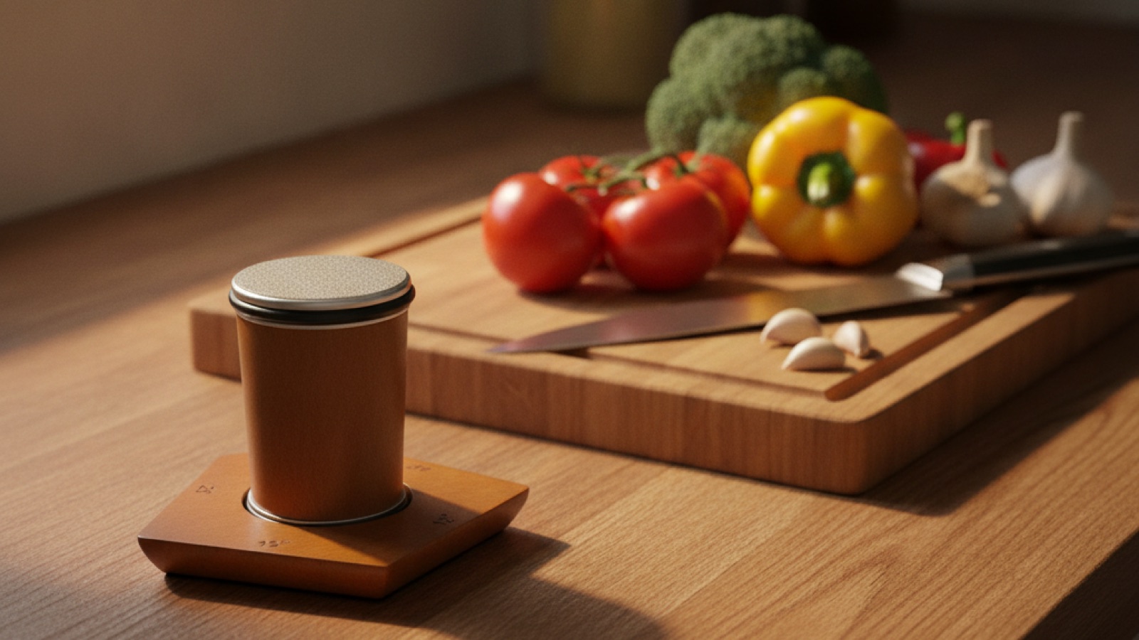 The RollHone sharpener on a lived-in wooden kitchen counter at dusk