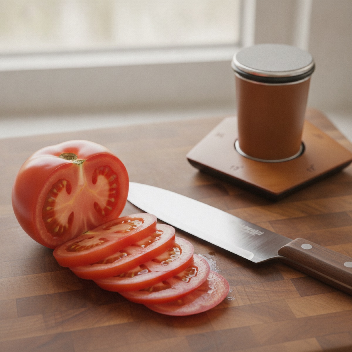 Paper-thin tomato slices cut by a freshly sharpened knife