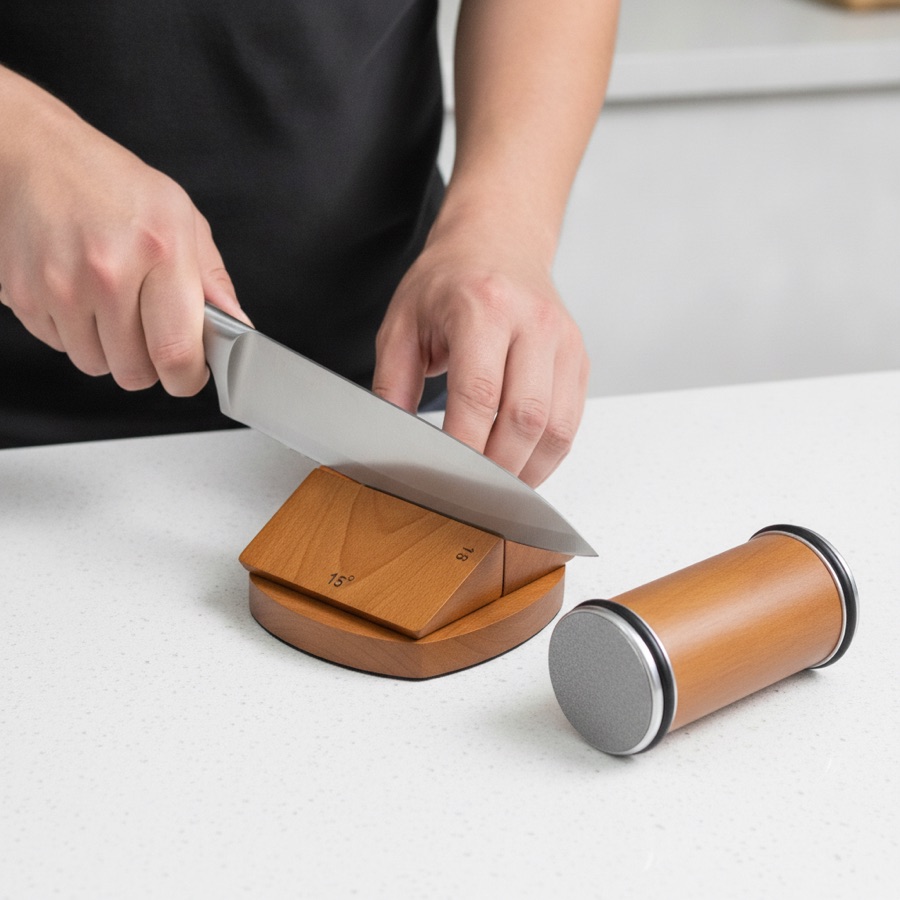 Chef's knife held upright against the RollHone magnetic block