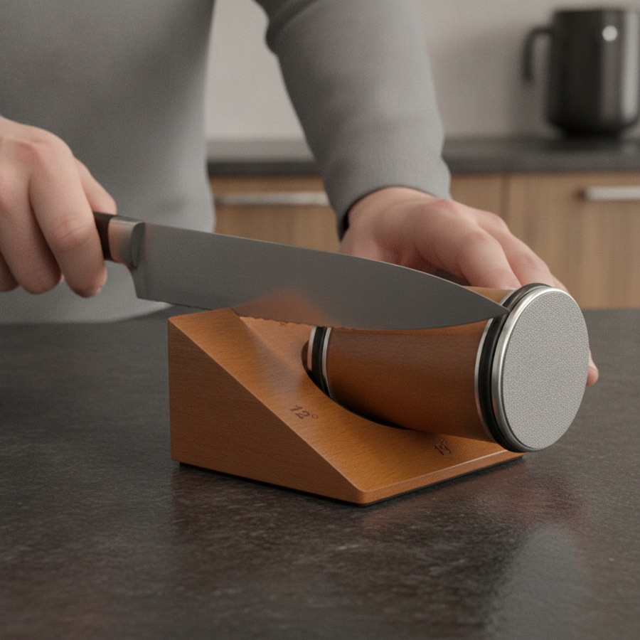RollHone drum rolling along a knife edge at a locked angle
