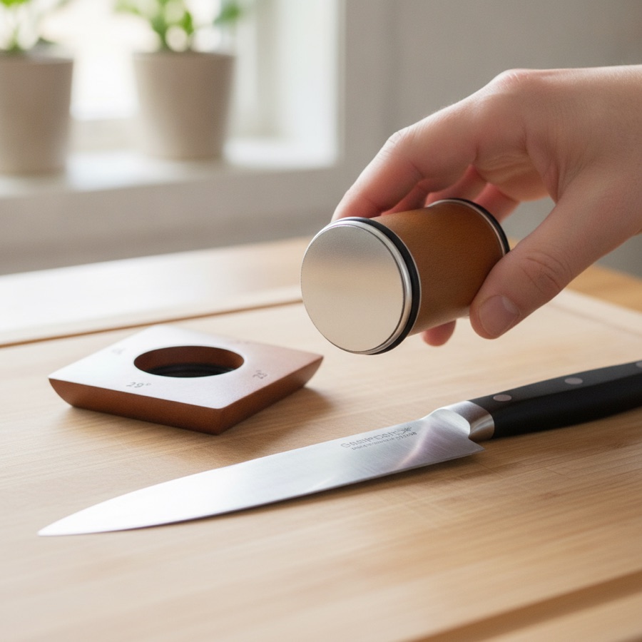 Flipping the RollHone drum to its honing face beside a sharpened knife